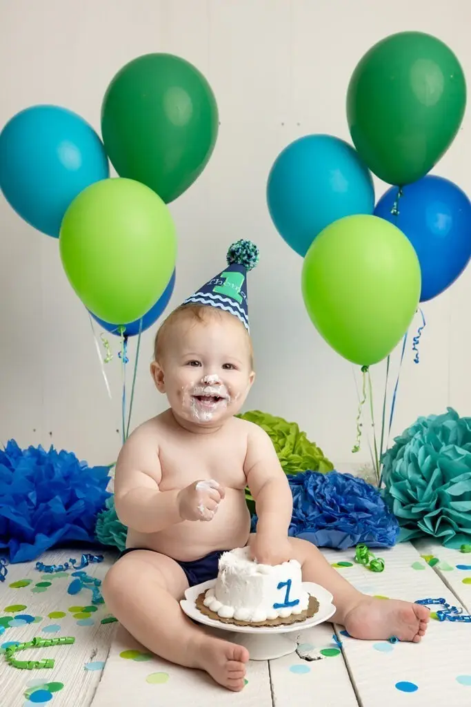 Cake Smash Photography Session in Cincinnati – Cream N Cocoa Green and blue themed cake smash