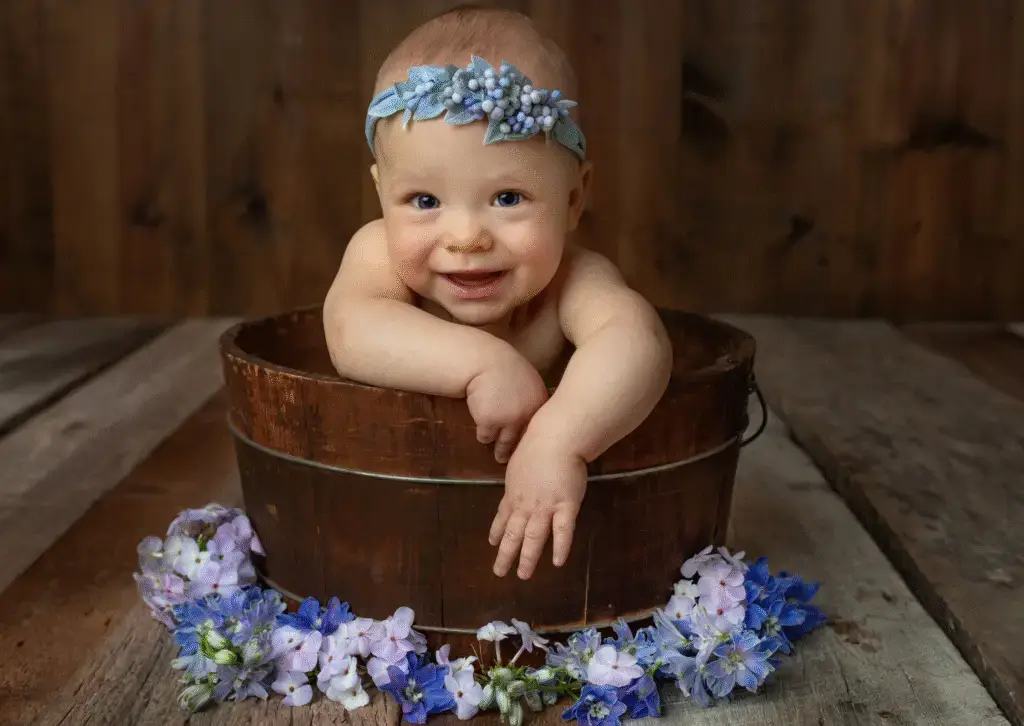 baby in a bucket, photo studio session by Cream n Cocoa Photography a Photographer Cincinnati Ohio