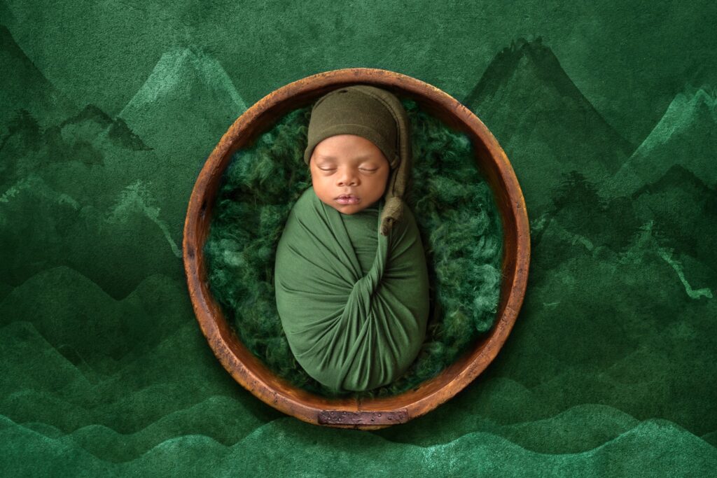 Cream n Cocoa Photography – Cream N Cocoa Sweet little Newborn, peacefully snoozing in a rustic wooden bowl—captured by your favorite Cincinnati newborn photographer.