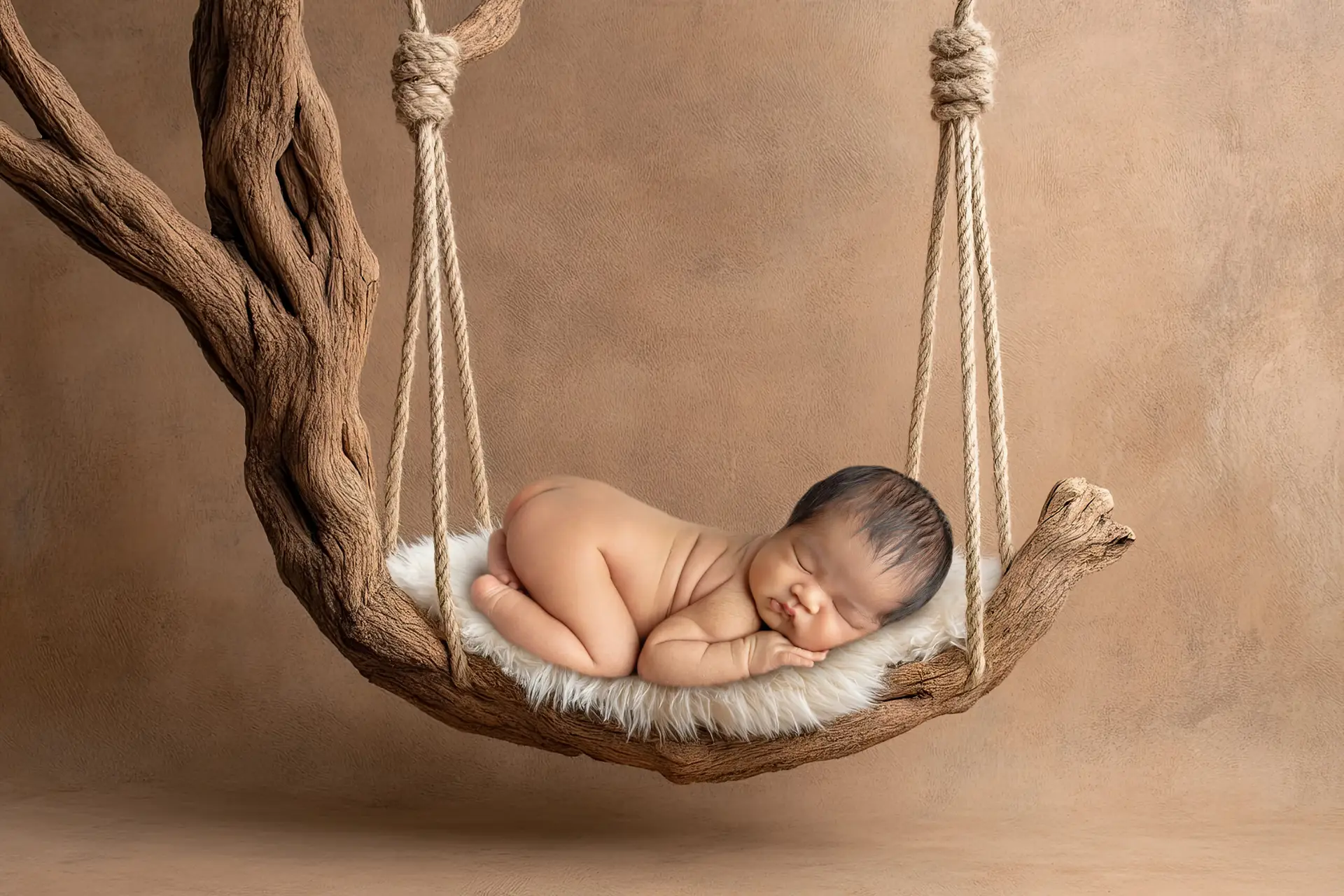 Newborn photographer in Cincinnati safely posing baby in a hanging swing prop with soft neutral backdrop